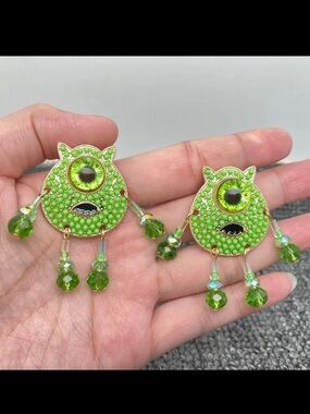 Green Beaded Cartoon Big Eye Monster Earrings NWT